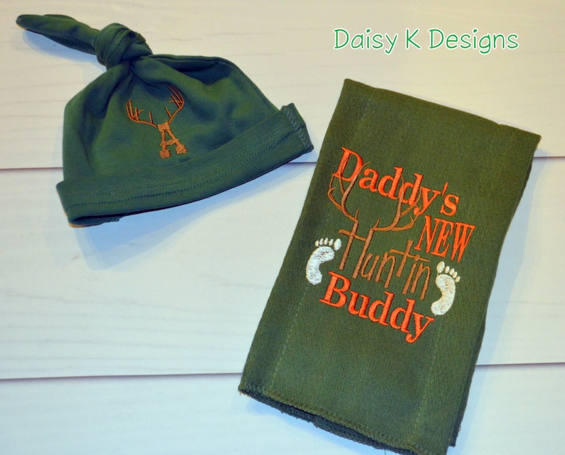 Hunting Burp Cloth and Infant Knot Beanie Hunter Green with Antlers Set image 1