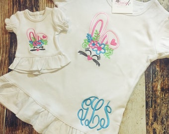 Matching Girl's and Doll's Easter Shirt - Personalized Bunny Tshirt - Rabbit Embroidered Top - 18" Doll Clothes - Monogrammed Shirts
