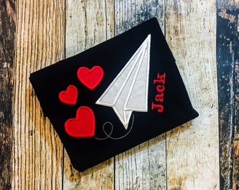 Boy's Paper Airplane and Hearts T-Shirt - Personalized Valentine's Day Shirt - Monogrammed Holiday Shirt - Black Bodysuit or Tshirt