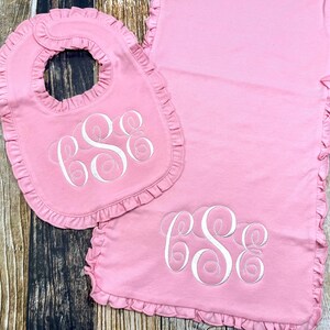 Personalized Girl's Monogrammed Burp Cloth and Bib Gift Set Ruffle Edge Available in Many Colors Baby Shower Gift image 8