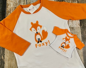 Matching Boy's and Doll's Fox Raglan Shirt - Personalized Raglan Tshirt - Embroidered Top - 18" Doll Clothes - Fox Shirts