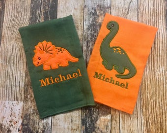 Dinosaur Burp Cloths - Orange and Green Boy's Name Burpies  - Personalized Burp Cloth Set