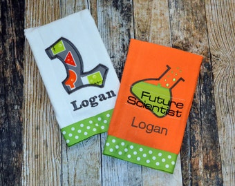 Future Scientist Personalized Boys Burp Cloth Set  - Orange and Lime Monogrammed Burps