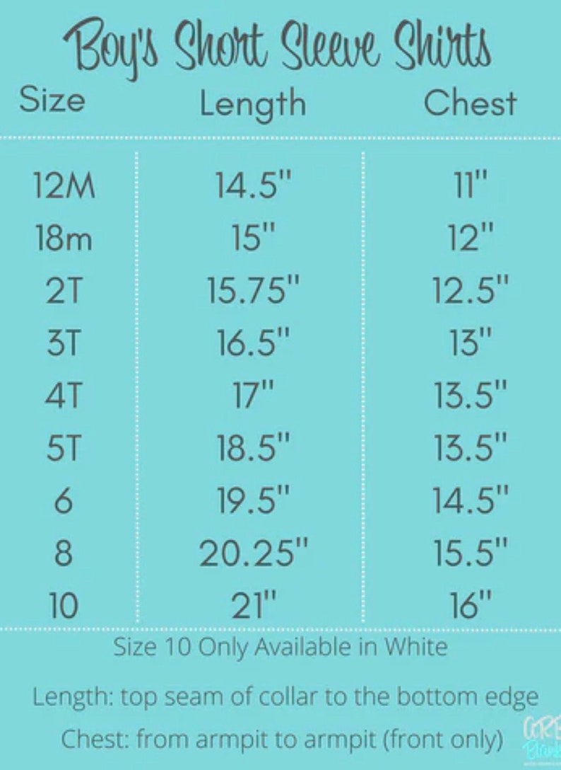 May include: A chart showing the size, length, and chest measurements for boys' short sleeve shirts. The sizes range from 12M to 10. The measurements are in inches.