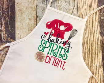 Baking Spirits Bright Personalized Boy's or Girl's Apron - White Child's Apron - Monogrammed - Christmas Baking Apron - Embroidered Gift