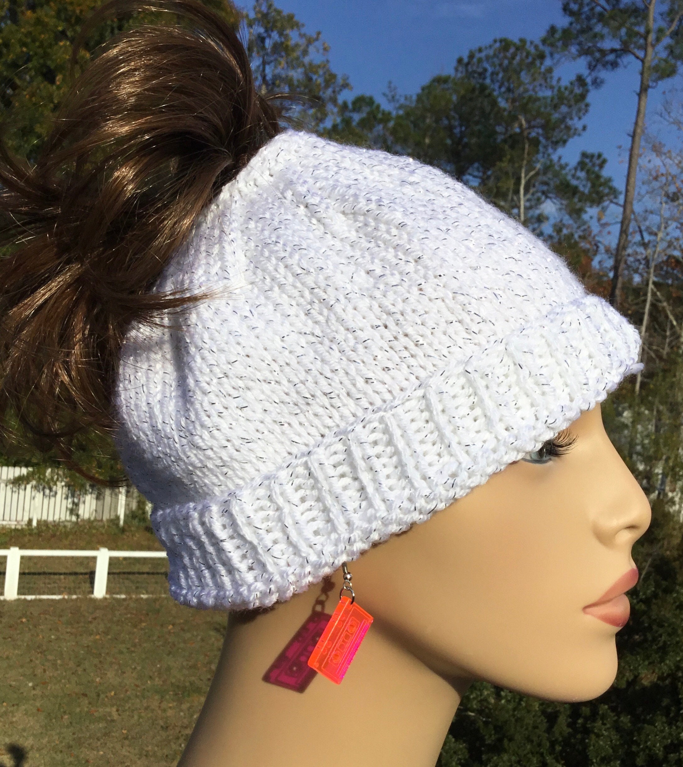 Knit Ponytail Hat Knit Pony tail Hat White glitter Etsy