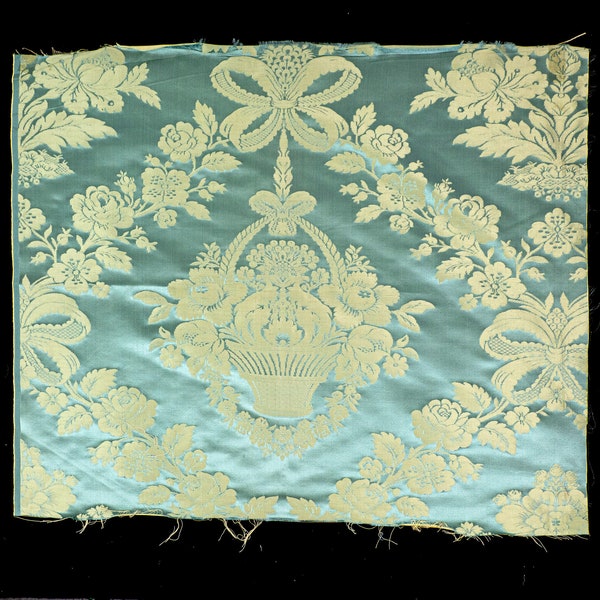 Robin's Egg Blue Antique Square Silk Damask from France Basket of Flowers