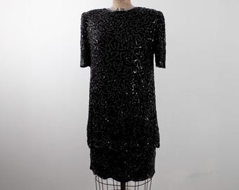 Cocktail Dress Beaded Black Silk Size Medium Vintage