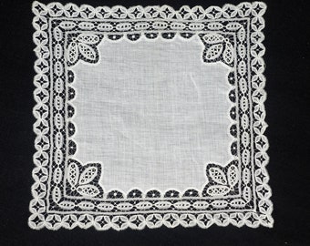 Antique Delicate White Honiton Hand Made Lace Handkerchief