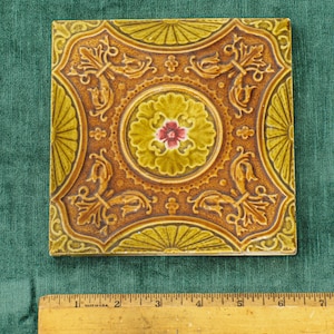 Antique Majolica Green and Brown Fireplace Tile from England C1900