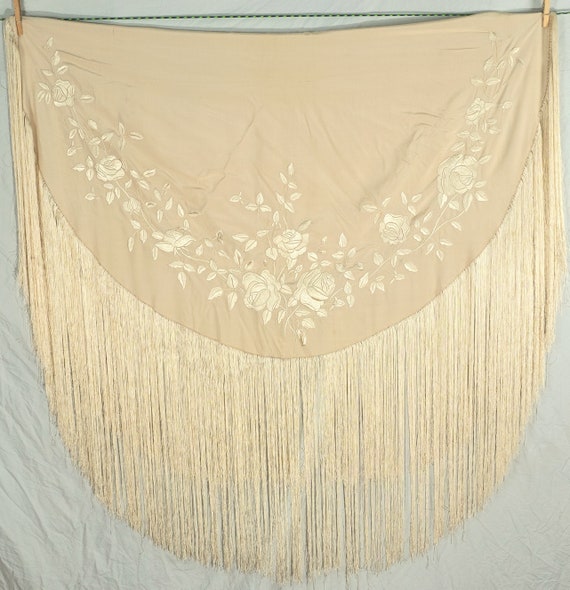 Embroidered Antique Silk Round with Long Fringe -