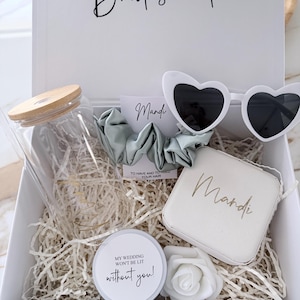 Bridesmaid Proposal Box, Glass with Wooden Lid Gift,Champagne Glass, Tumbler, Jewellery Box Sunglasses,Scrunchie,Tin Candle,
