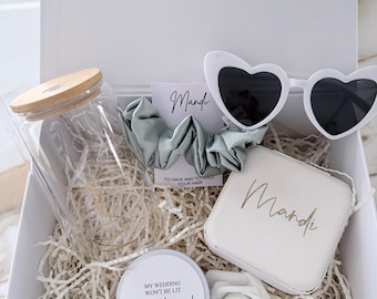 Bridesmaid Proposal Box, Glass with Wooden Lid Gift,Champagne Glass, Tumbler, Jewellery Box Sunglasses,Scrunchie,Tin Candle,