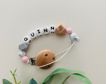 Silicone Dummy Clip - Pacifier Clip -  Grey Marble Pink Minne Rainbow Hexagon Bead and Natural Beechwood Dummy Clip -Personalised