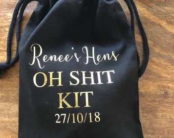 Black Personalized Favor, Personalised Hens OH Shit Kit Favour Bag, Bachelorette PartyFavour, Cotton Drawstring Bag