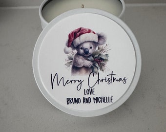 Koala with Hat Merry  Christmas Candle , Teacher Candle, Soy Candle,Tin Candle, Christmas Koala, Australian Animal Candle