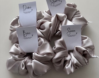 Personalised Bridesmaid Scrunchies Bachelorette Scrunchie Hair Tie Bridesmaid Proposal Gift Card Champagne Silk Satin Hens Party Champagne