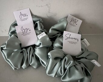 Personalised Bridesmaid Scrunchies Bachelorette Scrunchie Hair Tie Bridesmaid Proposal Gift Card Sage Silk Satin Premium Hens Party