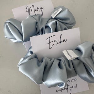 Personalised Bridesmaid Scrunchies Bachelorette Scrunchie Hair Tie Bridesmaid Proposal Hens Party Favour Satin Premium Dusty Blue