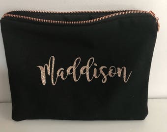 Personalised Zippered Pouch New Rose Gold Glitter/Name Pouch/Cosmetic Pouch/Wedding Gift/Rose Gold Zipper