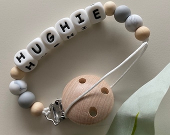 Silicone Dummy Clip - Pacifier Clip - Grey Beechwood And marble   -Dummy Clip -Personalised