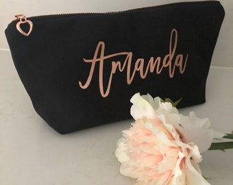 Black Canvas Personalised Cosmetic Bag , Bridesmaid Cosmetic Pouch , Cosmetic Bag , Bridesmaid Gift , MakeUp Bag , Custom Name Pouch