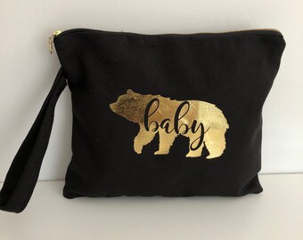 Gold Bear on Black Canvas Wet Bag with Wrist Strap/Wet Bag/Personalised Wet Bag/Zippered Pouch/Canvas Pouch