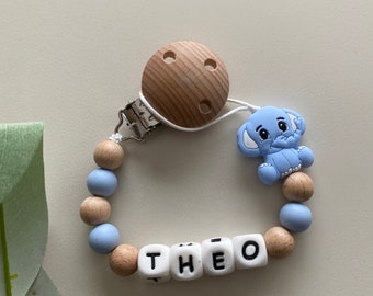 SIlicone Bead Dummy Clip- Pacifier Clip -  Baby Blue Elephant and Beechwood Dummy Clip - Personalised