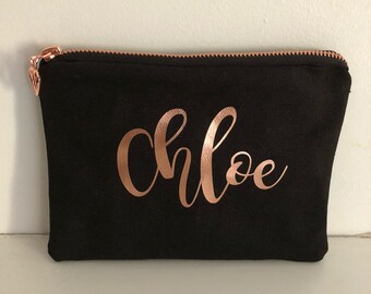 Bridesmaid Personalised Zippered Pouch/Name Pouch/Cosmetic Pouch/Wedding Gift/RoseGold Zipper with heart
