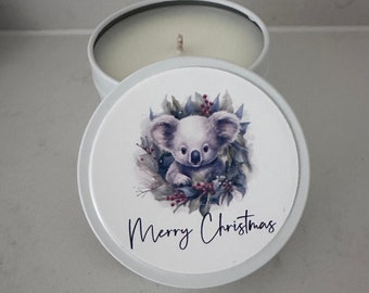 Koala Merry  Christmas Candle , Teacher Candle, Soy Candle,Tin Candle, Christmas Koala, Australian Animal Candle Koala