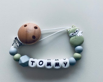 Silicone Dummy Clip - Pacifier Clip -  Grey Sage And Fox and Natural Beechwood Dummy Clip -Personalised