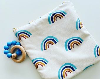 Zippered Wet Bag with Waterproof Lining - Rainbow Blue on Natural