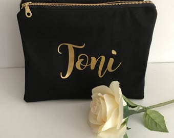 Personalised Zippered Pouch/Name Pouch/Cosmetic Pouch/Wedding Gift/Gold Zipper