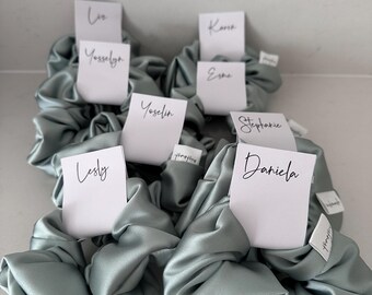 Personalised Bridesmaid Scrunchies Bachelorette Scrunchie Hair Tie Bridesmaid Proposal Gift Card Satin Premium, Hens Party, Sage
