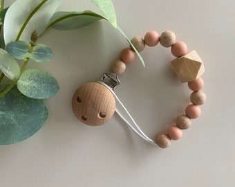 SIlicone Bead Dummy Clip- Pacifier Clip -  Peach and Beechwood Dummy Clip - Personalised
