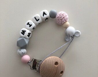 Silicone Dummy Clip - Pacifier Clip -  Grey Marble Pink Minne and Natural Beechwood Dummy Clip -Personalised