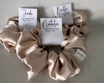 Personalised Bridesmaid Scrunchies Bachelorette Scrunchie Hair Tie Bridesmaid Proposal Gift Card New Champagne Silk Satin Premium Hens Party