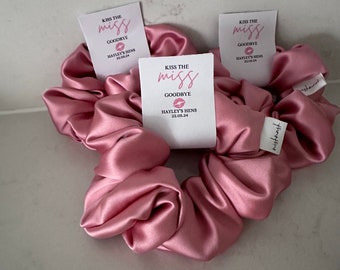 Personalised Bridesmaid Scrunchies Bachelorette Scrunchie Hair Tie Bridesmaid Proposal Gift Card Kiss the Miss Goodbye Hens Party Satin