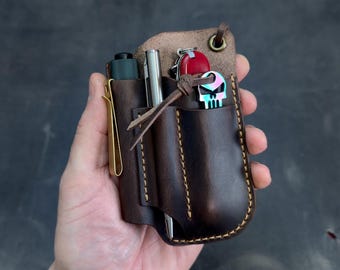 Leather organizer template for flashlight, knife, pen and small bottle opener