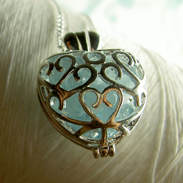 SALE SALE SALE -    Worry Locket - aquamarine gemstones in filigree heart sterling silver necklace