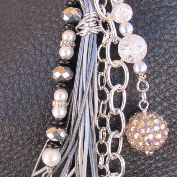 Blingy Purse Charm, Tassel, Zipper Pull, Key Chain Clip - Silver, Leather, Gray, Black, Crystal, Pearl Glass Beads