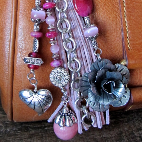 Boho Purse Charm, Tassel, Zipper Pull, Dusty Pink Heart & Flowers Key Chain - Silver, Ceramic, Glass, Agate Stone