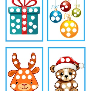 Peut inclure: Quatre illustrations sur le thème de Noël. Une boîte cadeau turquoise avec un nœud rouge, des boules de Noël, un renne et un ours en peluche portant un bonnet de Père Noël, tous avec des motifs de points blancs.