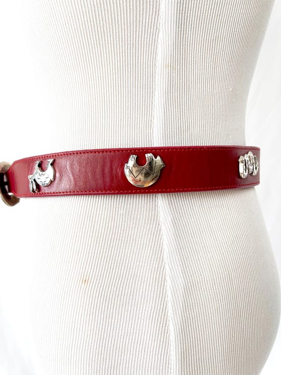 Vintage Red Leather Belt with Silvertone Medallions One Size Red Leather Belt With Silvertone Animals Figures Xs - Etsy main image 4