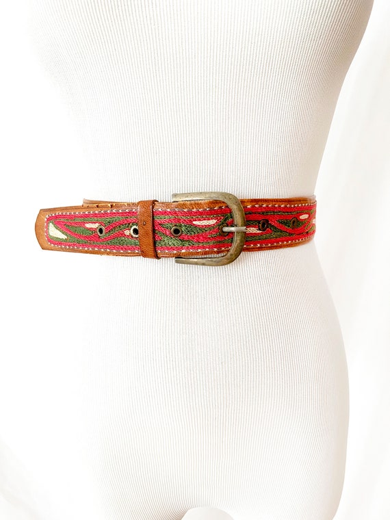 vintage embroidered leather belt / african  pink … - image 2