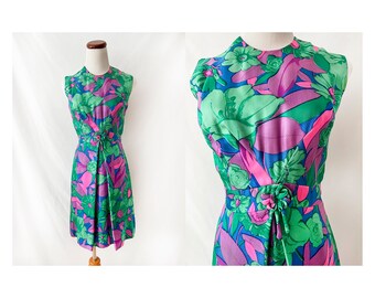 vintage 60s floral silk dress pink purple green blue colorful shift dress 1960s retro small