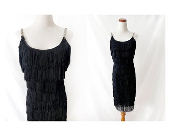 vintage 40s black fringe dress with rhinestone straps needs repair Small