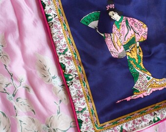 Vintage Silk Scarf Pillow Cover: Japan Cherry Blossoms, Pink Piping