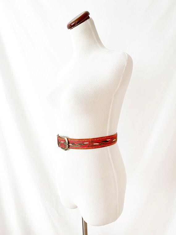 vintage embroidered leather belt / african  pink … - image 3