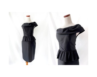 vintage little black dress silk / one shoulder / peplum cocktail dress / wedding guest dress / small